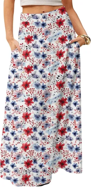 Long Skirts for Women Trendy Boho High Waisted Maxi Skirts with Pockets Floral Flowy Beach Vacation A Line Skirt