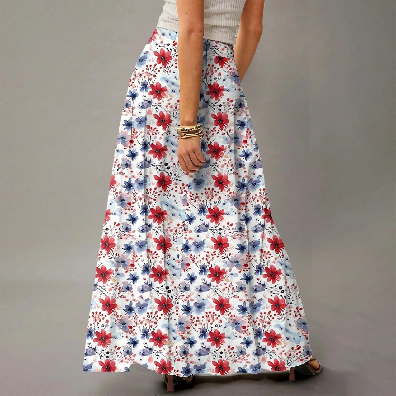 Long Skirts for Women Trendy Boho High Waisted Maxi Skirts with Pockets Floral Flowy Beach Vacation A Line Skirt
