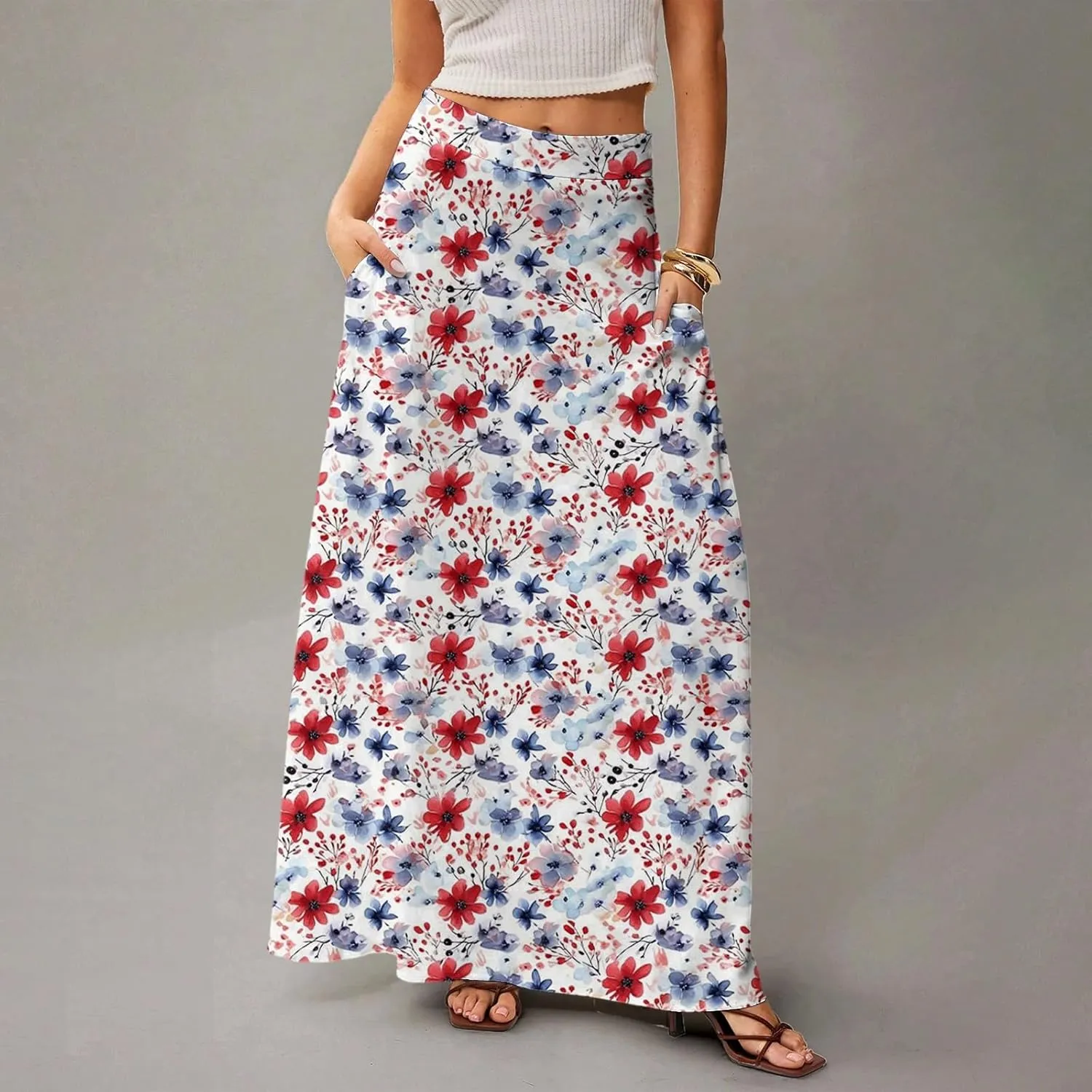 Long Skirts for Women Trendy Boho High Waisted Maxi Skirts with Pockets Floral Flowy Beach Vacation A Line Skirt