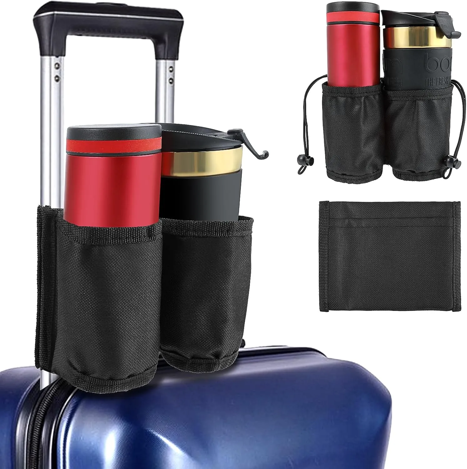 Luggage Cup Holder, Portable Travel Suitcase Drink Carrier, Holds 2 Coffee Mugs &1 Zippered Pockets, Luggage Beverage Caddy Attachment for Flight Attendants Travelers Airport Essentials, Free Hands