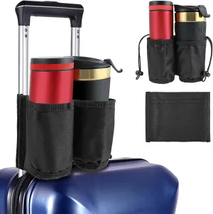 Luggage Cup Holder, Portable Travel Suitcase Drink Carrier, Holds 2 Coffee Mugs &1 Zippered Pockets, Luggage Beverage Caddy Attachment for Flight Attendants Travelers Airport Essentials, Free Hands