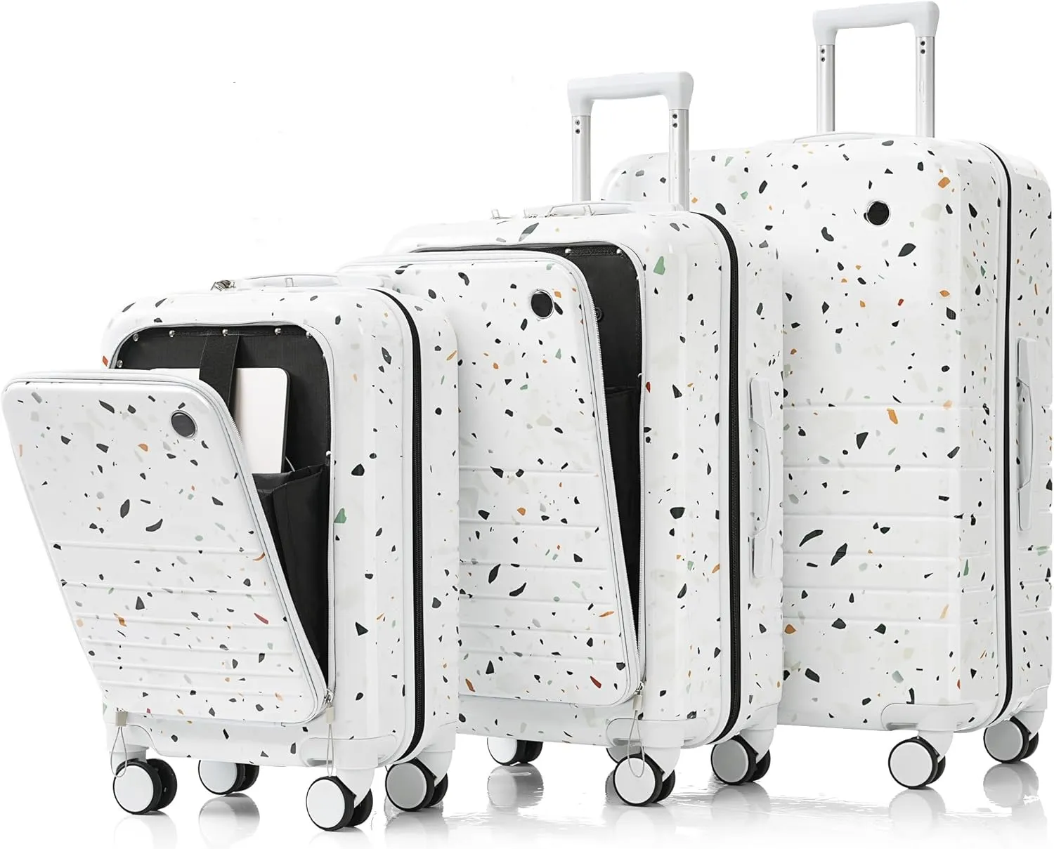 Luggage Set of 3 with USB Port and Front Opening Design, Airline Certified Carry on, Hard Shell with Spinner Wheels, Starry Sky White