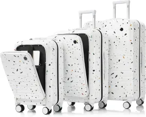 Luggage Set of 3 with USB Port and Front Opening Design, Airline Certified Carry on, Hard Shell with Spinner Wheels, Starry Sky White