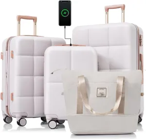 Luggage Sets 4 Piece, 20-Inch, USB Charging, Expandable ABS Hard Shell with Spinner Wheels, Light Grey