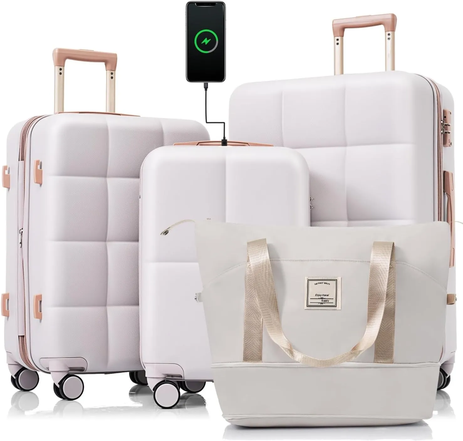 Luggage Sets 4 Piece, 20-Inch, USB Charging, Expandable ABS Hard Shell with Spinner Wheels, Light Grey