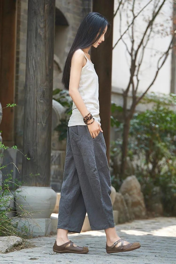 LUZU JUNU Womens Summer Cotton Linen Cropped Capri Trouser Casual Loose Wide Leg Baggy Pants