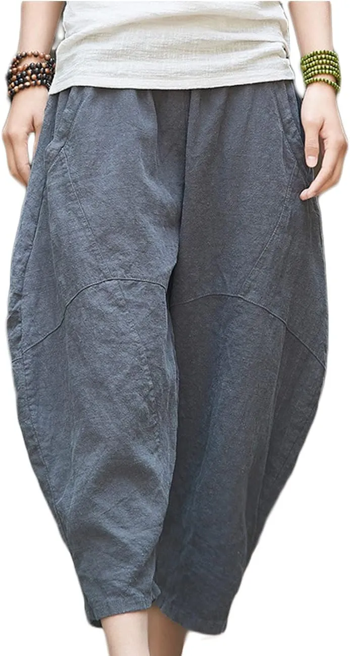 LUZU JUNU Womens Summer Cotton Linen Cropped Capri Trouser Casual Loose Wide Leg Baggy Pants