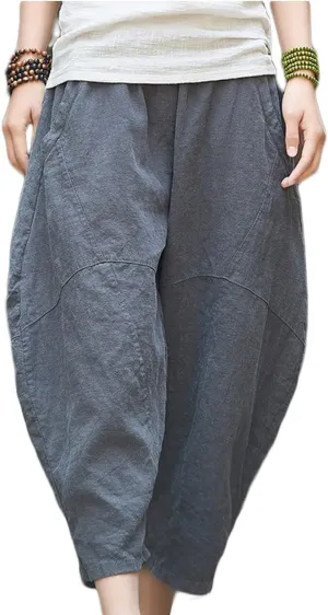 LUZU JUNU Womens Summer Cotton Linen Cropped Capri Trouser Casual Loose Wide Leg Baggy Pants