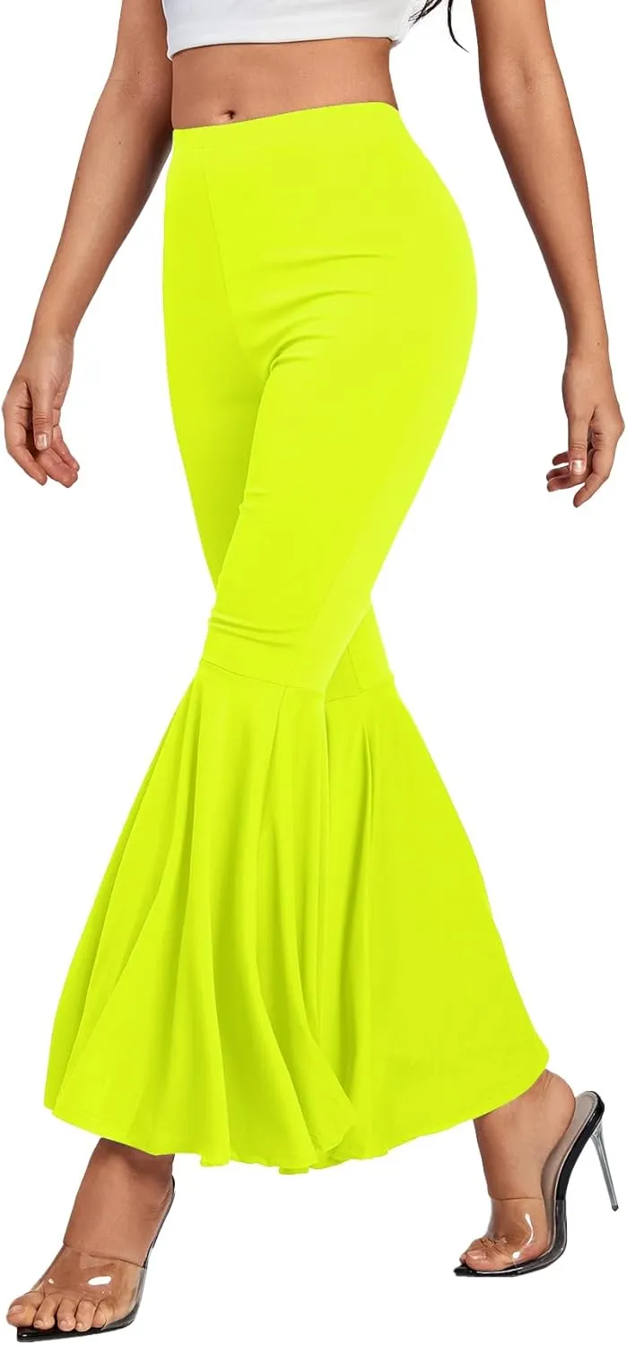 LYANER Women's Casual High Waist Ruffle Flare Pants Wide Leg Solid Stretchy Bell Bottom