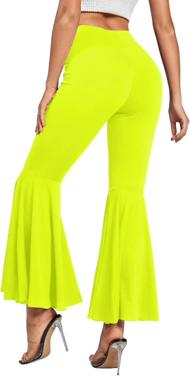 LYANER Women's Casual High Waist Ruffle Flare Pants Wide Leg Solid Stretchy Bell Bottom