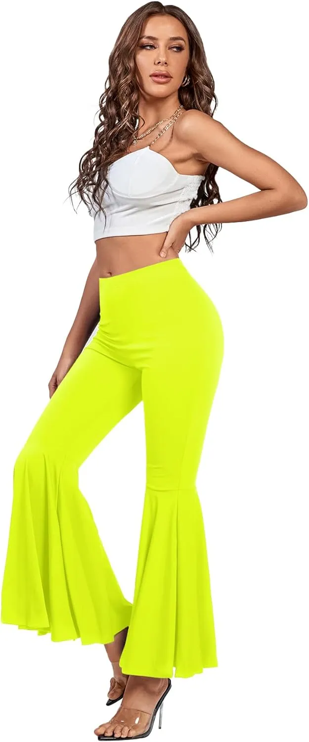 LYANER Women's Casual High Waist Ruffle Flare Pants Wide Leg Solid Stretchy Bell Bottom