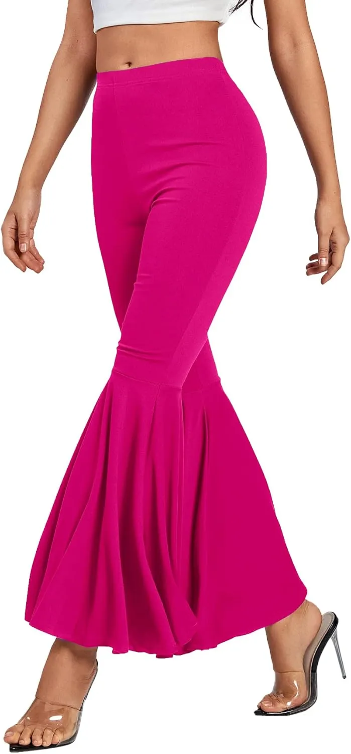 LYANER Women's Casual High Waist Ruffle Flare Pants Wide Leg Solid Stretchy Bell Bottom