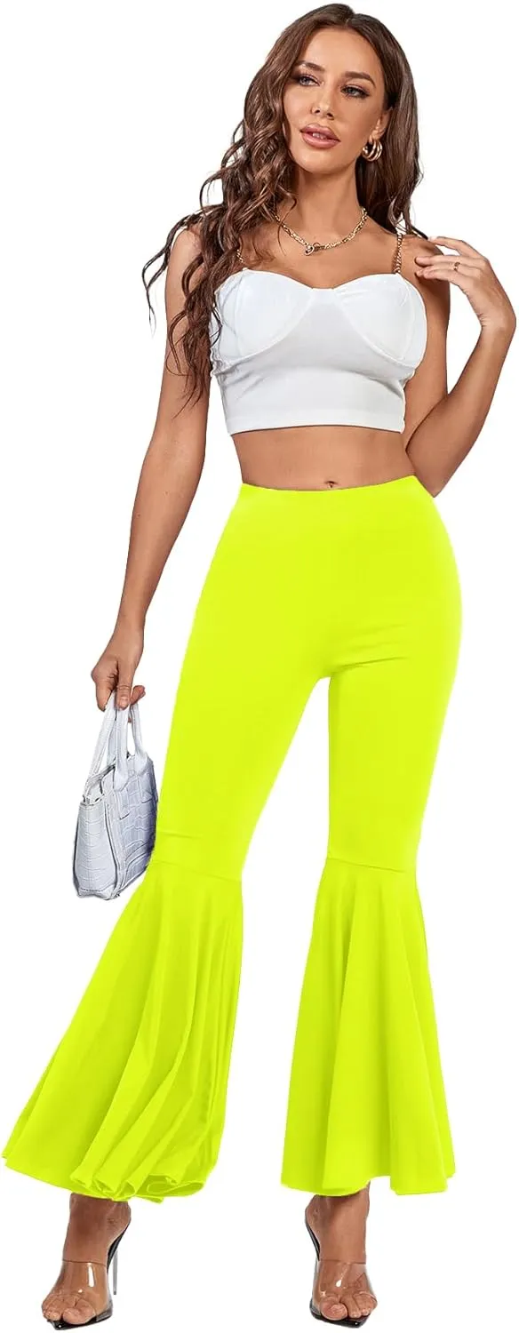 LYANER Women's Casual High Waist Ruffle Flare Pants Wide Leg Solid Stretchy Bell Bottom