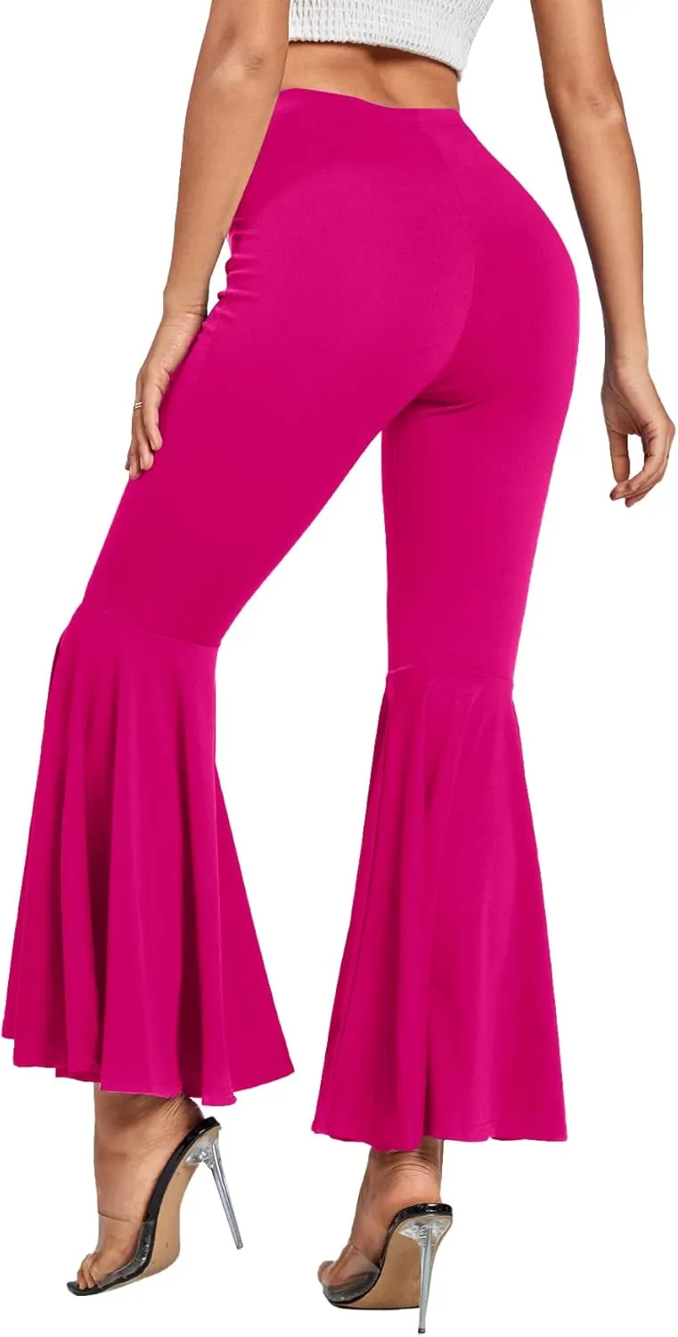 LYANER Women's Casual High Waist Ruffle Flare Pants Wide Leg Solid Stretchy Bell Bottom