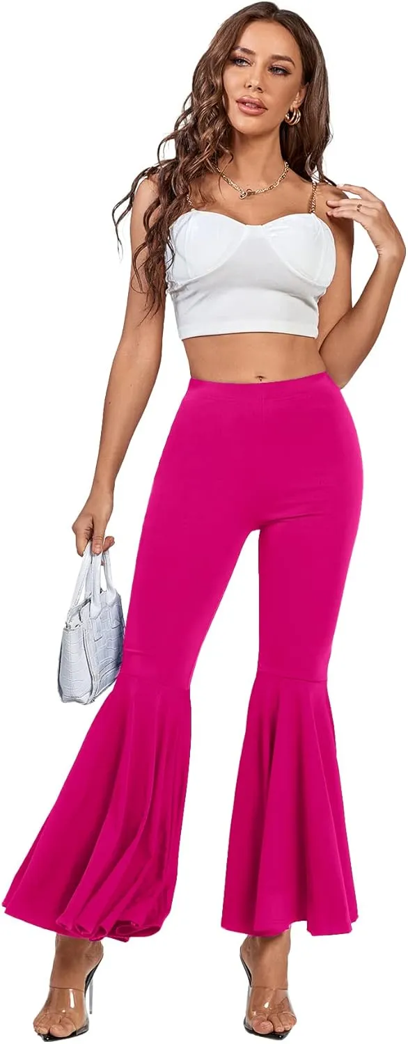 LYANER Women's Casual High Waist Ruffle Flare Pants Wide Leg Solid Stretchy Bell Bottom