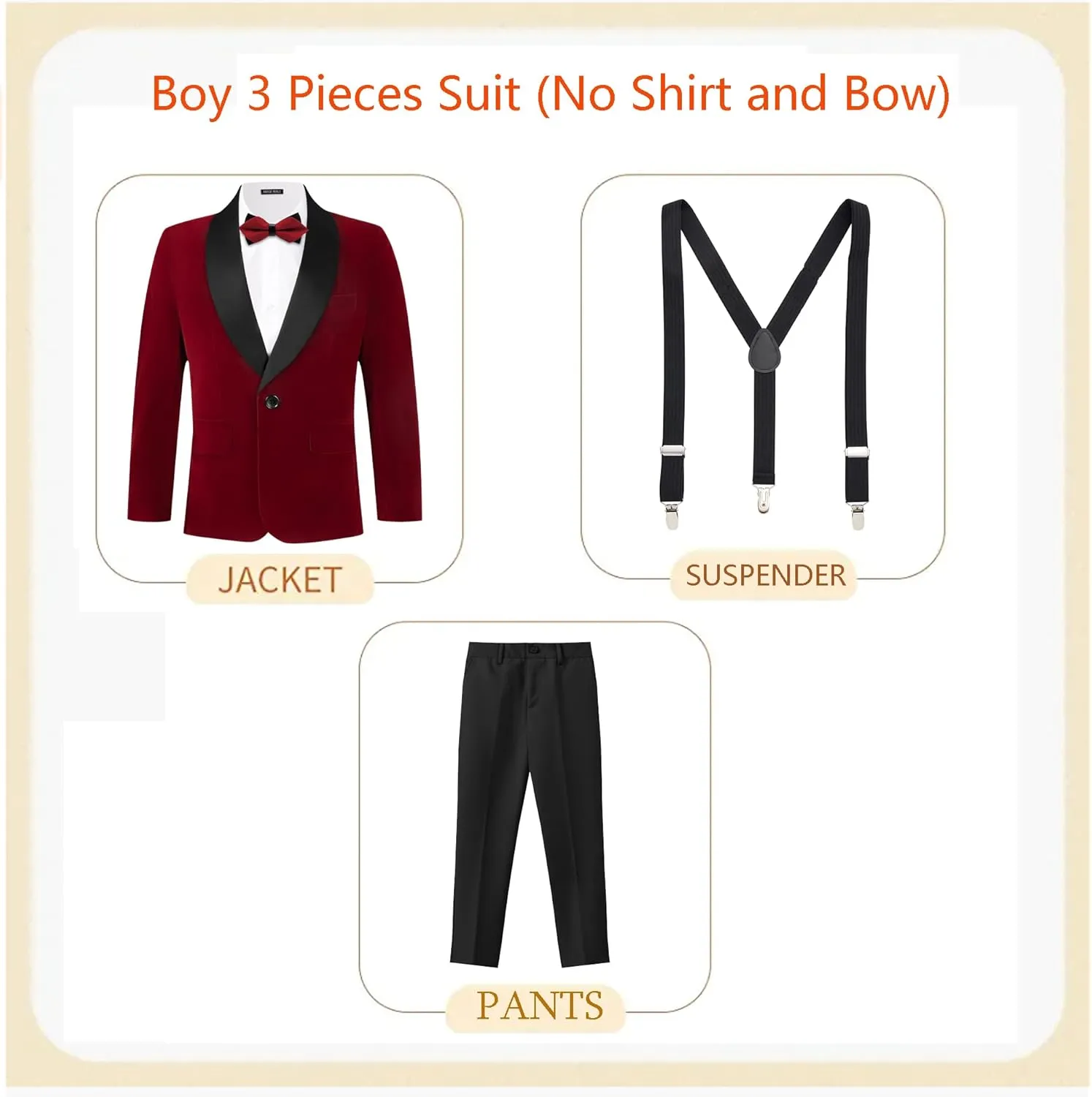 MAGE MALE Boys Velvet 3 Pieces Suit Multiple Colour Jacket Pants Set for Wedding Prom Party Tuxedo with Kids Suspenders