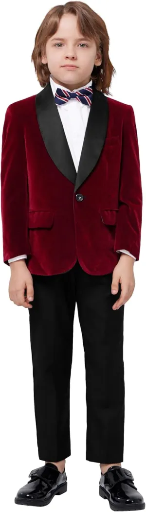 MAGE MALE Boys Velvet 3 Pieces Suit Multiple Colour Jacket Pants Set for Wedding Prom Party Tuxedo with Kids Suspenders