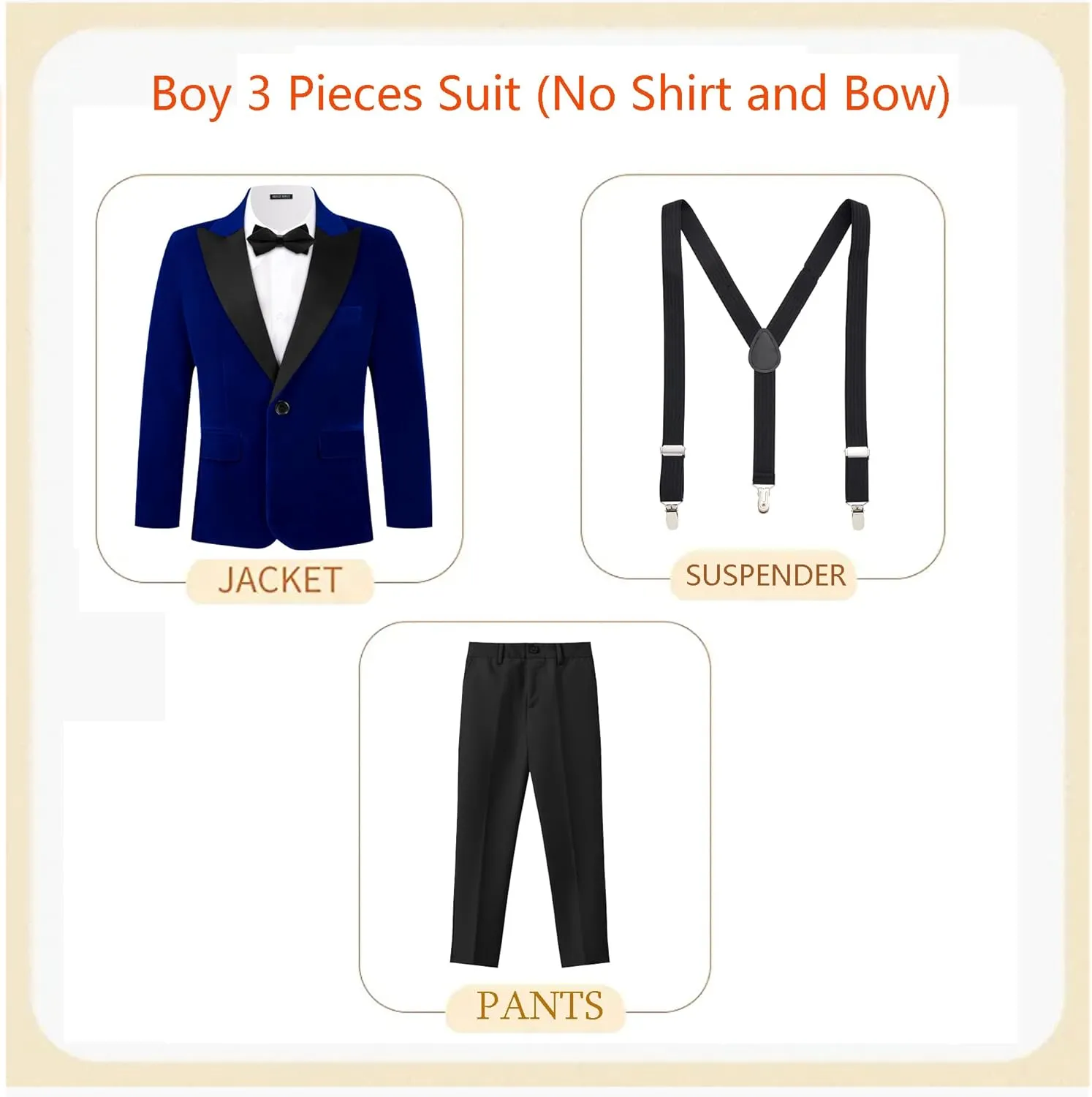MAGE MALE Boys Velvet 3 Pieces Suit Multiple Colour Jacket Pants Set for Wedding Prom Party Tuxedo with Kids Suspenders