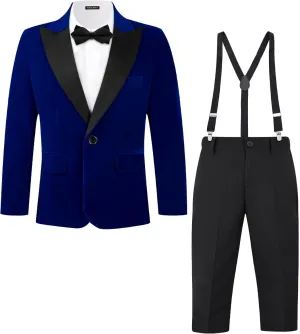 MAGE MALE Boys Velvet 3 Pieces Suit Multiple Colour Jacket Pants Set for Wedding Prom Party Tuxedo with Kids Suspenders