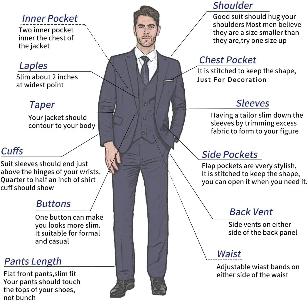 MAGE MALE Men's 3 Piece Suit Slim Fit Solid One Button Party Wedding Tuxedo Suits Blazer Jacket Vest Pants Set