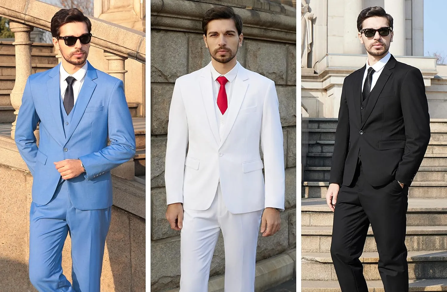 MAGE MALE Men's 3 Pieces Suit Slim Fit One Button Business Wedding Party Solid Blazer Vest Pants Set with Tie