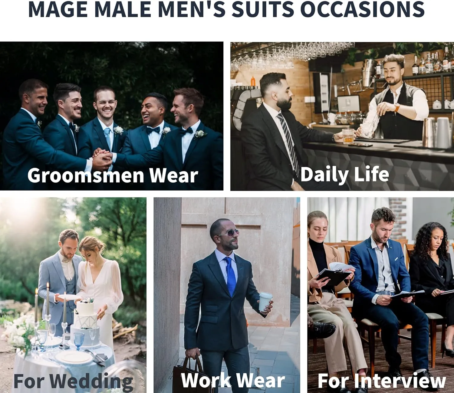 MAGE MALE Men's 3 Pieces Suit Slim Fit One Button Business Wedding Party Solid Blazer Vest Pants Set with Tie