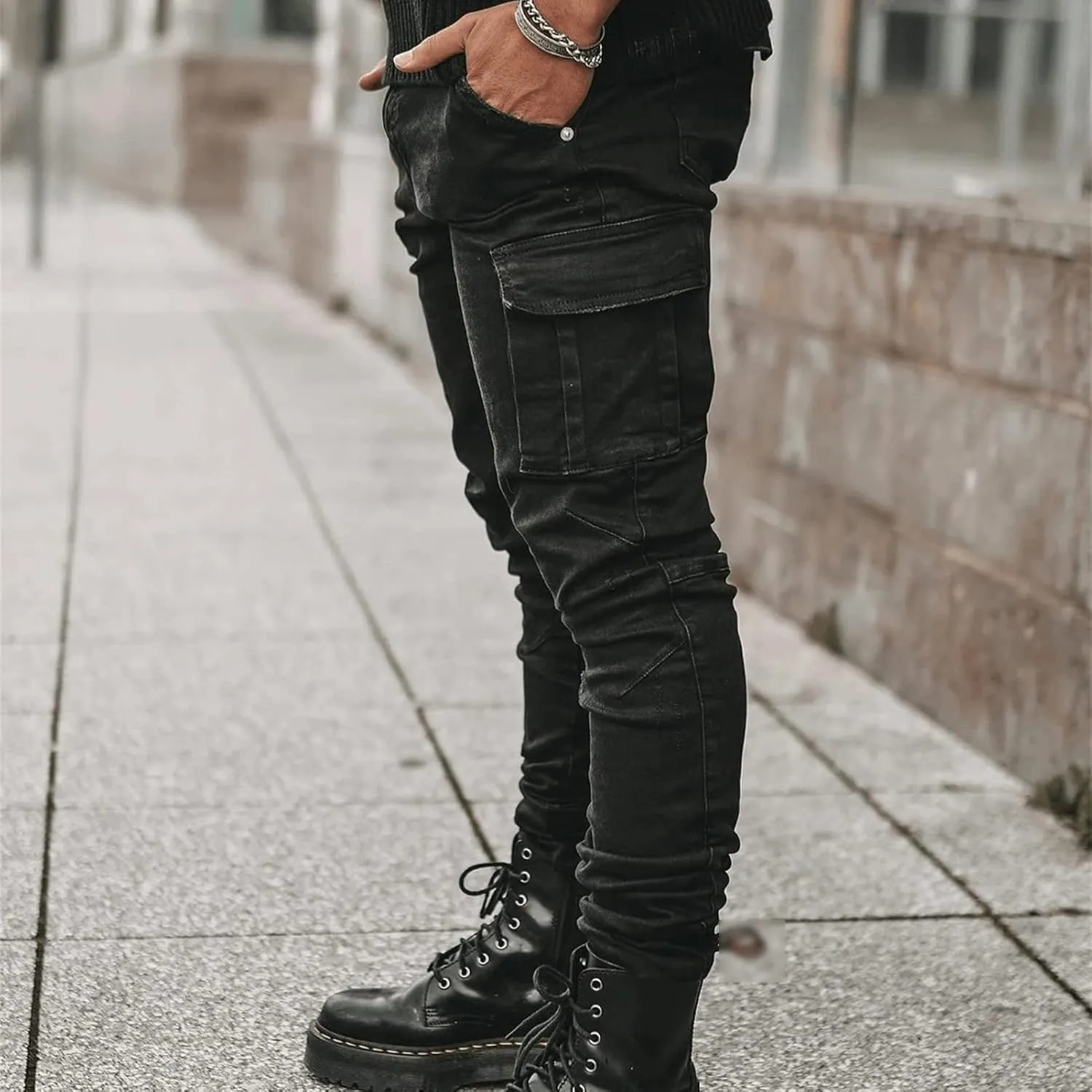 Maiyifu-GJ Men's Skinny Slim Fit Jeans Stretch 6 Pockets Denim Pencil Pants Casual Hip Hop Side Pocket Jean Trousers