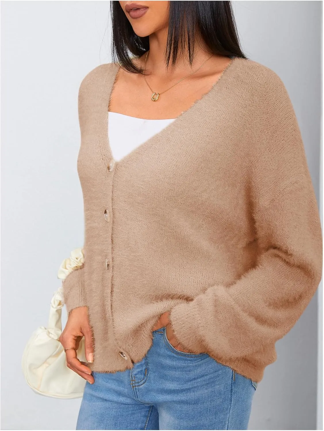 MakeMeChic Women's Fuzzy Cardigan Long Sleeve V Neck Button Down Loose Cardigan Sweater