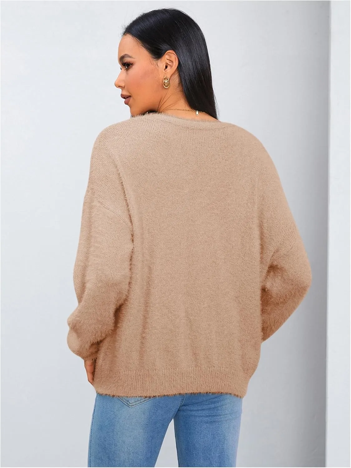 MakeMeChic Women's Fuzzy Cardigan Long Sleeve V Neck Button Down Loose Cardigan Sweater