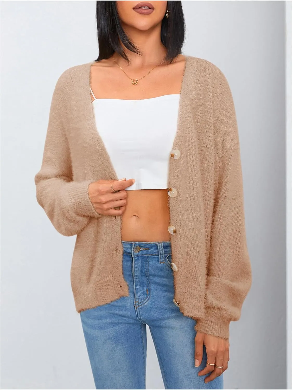 MakeMeChic Women's Fuzzy Cardigan Long Sleeve V Neck Button Down Loose Cardigan Sweater