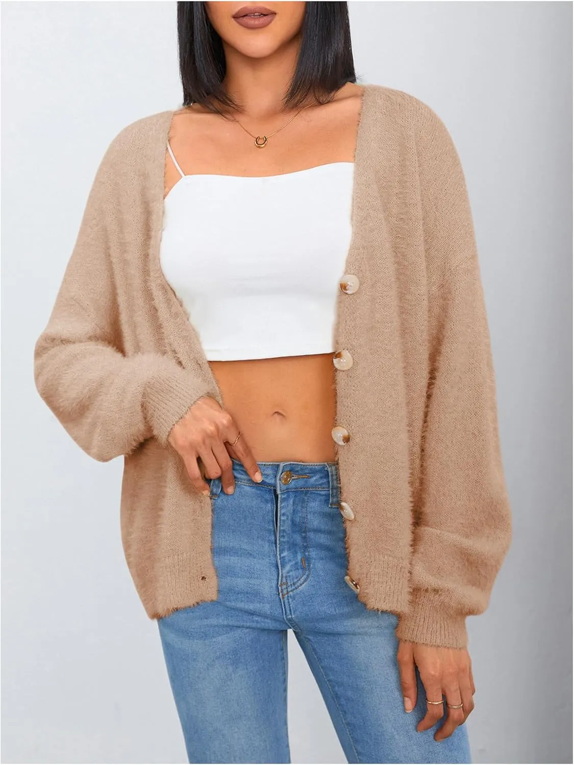 MakeMeChic Women's Fuzzy Cardigan Long Sleeve V Neck Button Down Loose Cardigan Sweater