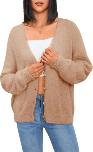 MakeMeChic Women's Fuzzy Cardigan Long Sleeve V Neck Button Down Loose Cardigan Sweater