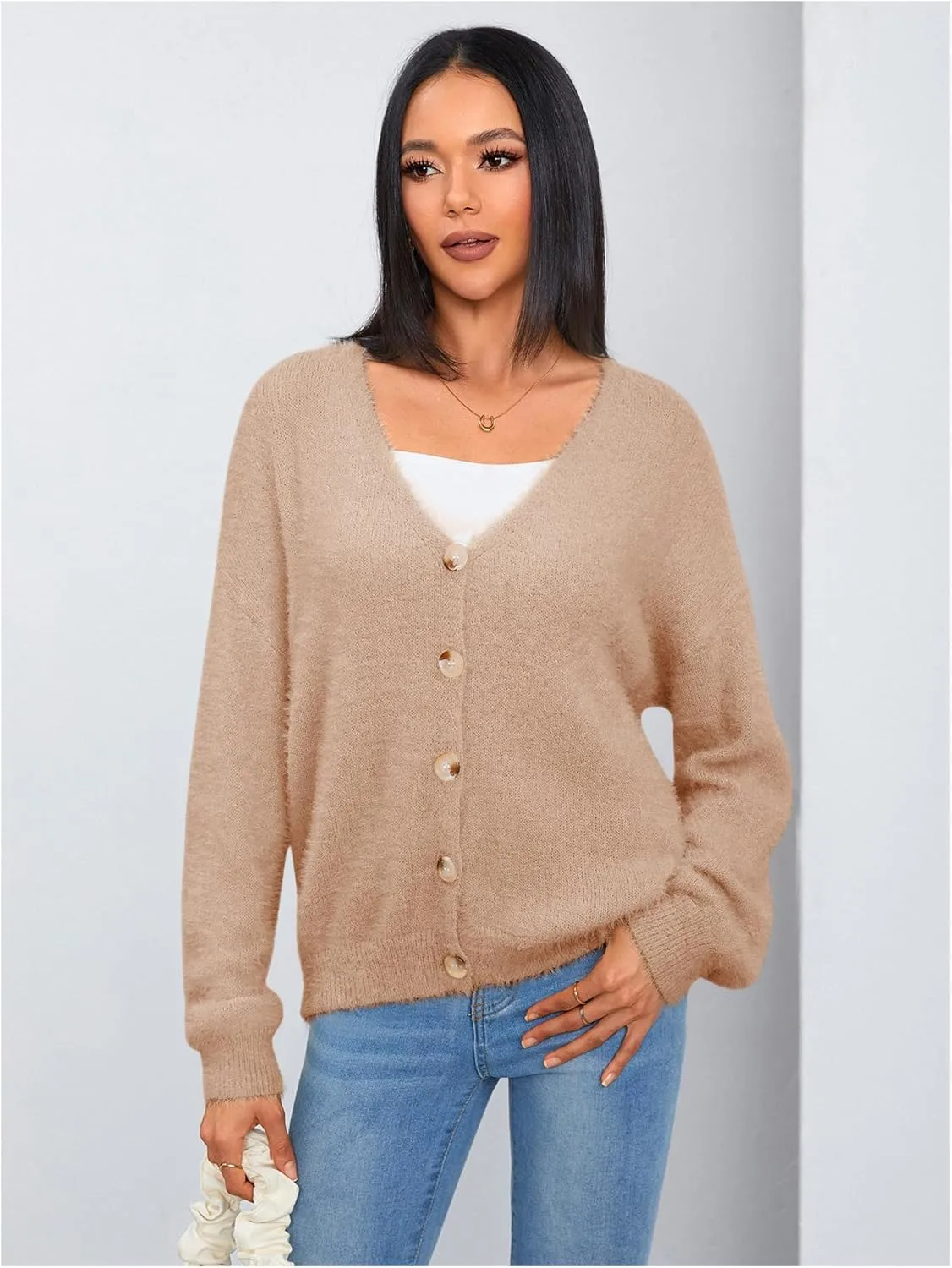 MakeMeChic Women's Fuzzy Cardigan Long Sleeve V Neck Button Down Loose Cardigan Sweater