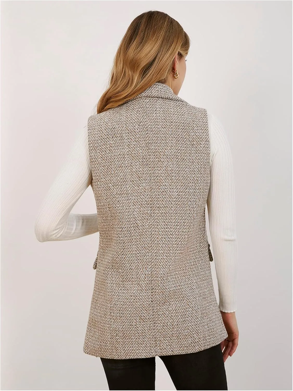 MakeMeChic Women's Tweed Blazer Sleeveless Vest Lapel Collar Jacket Coat