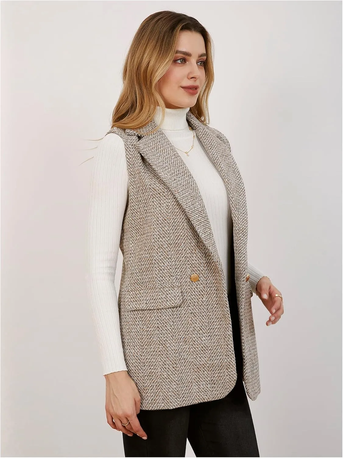 MakeMeChic Women's Tweed Blazer Sleeveless Vest Lapel Collar Jacket Coat