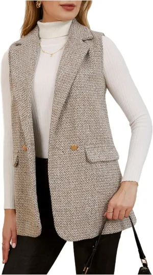 MakeMeChic Women's Tweed Blazer Sleeveless Vest Lapel Collar Jacket Coat