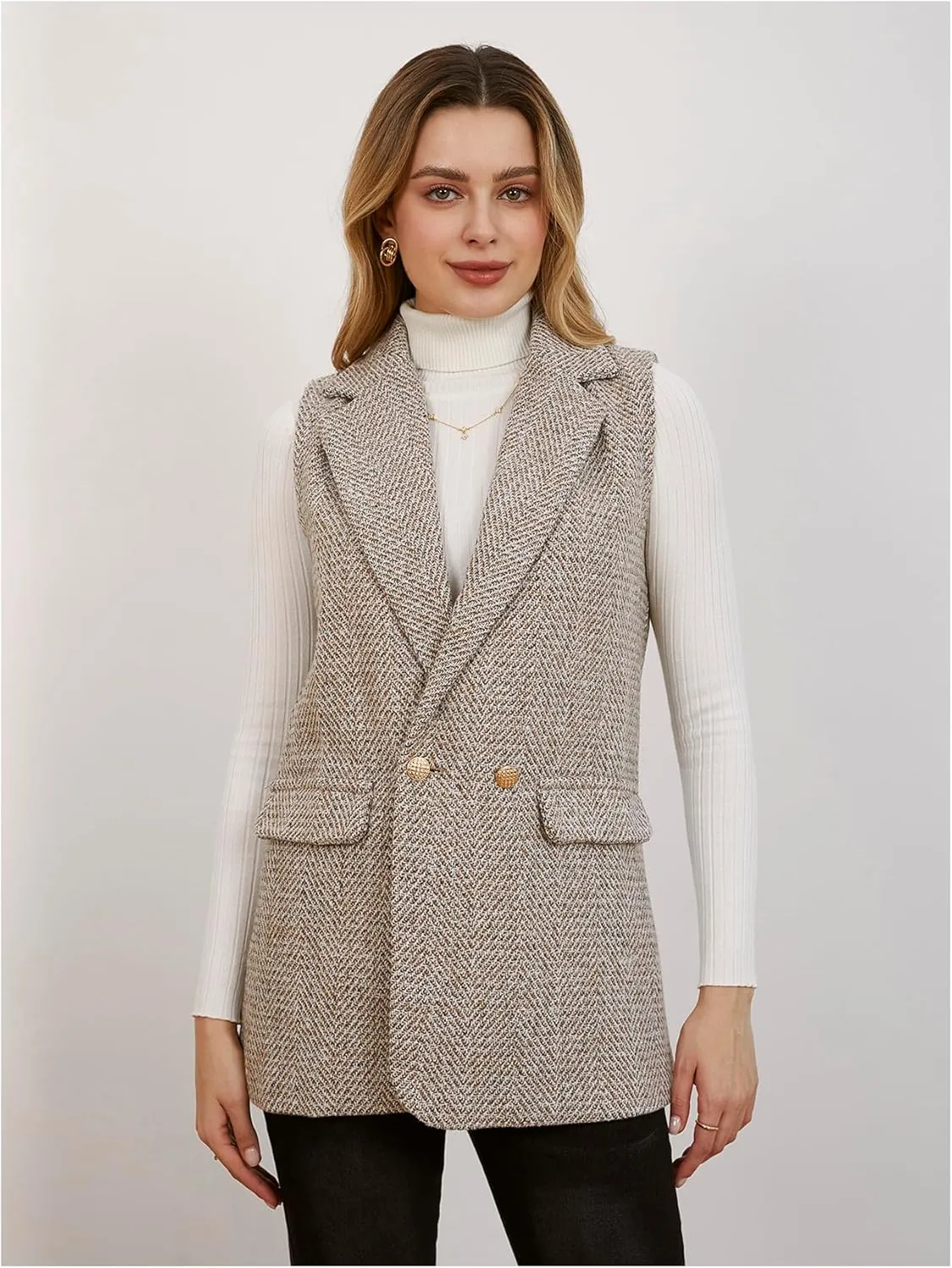 MakeMeChic Women's Tweed Blazer Sleeveless Vest Lapel Collar Jacket Coat