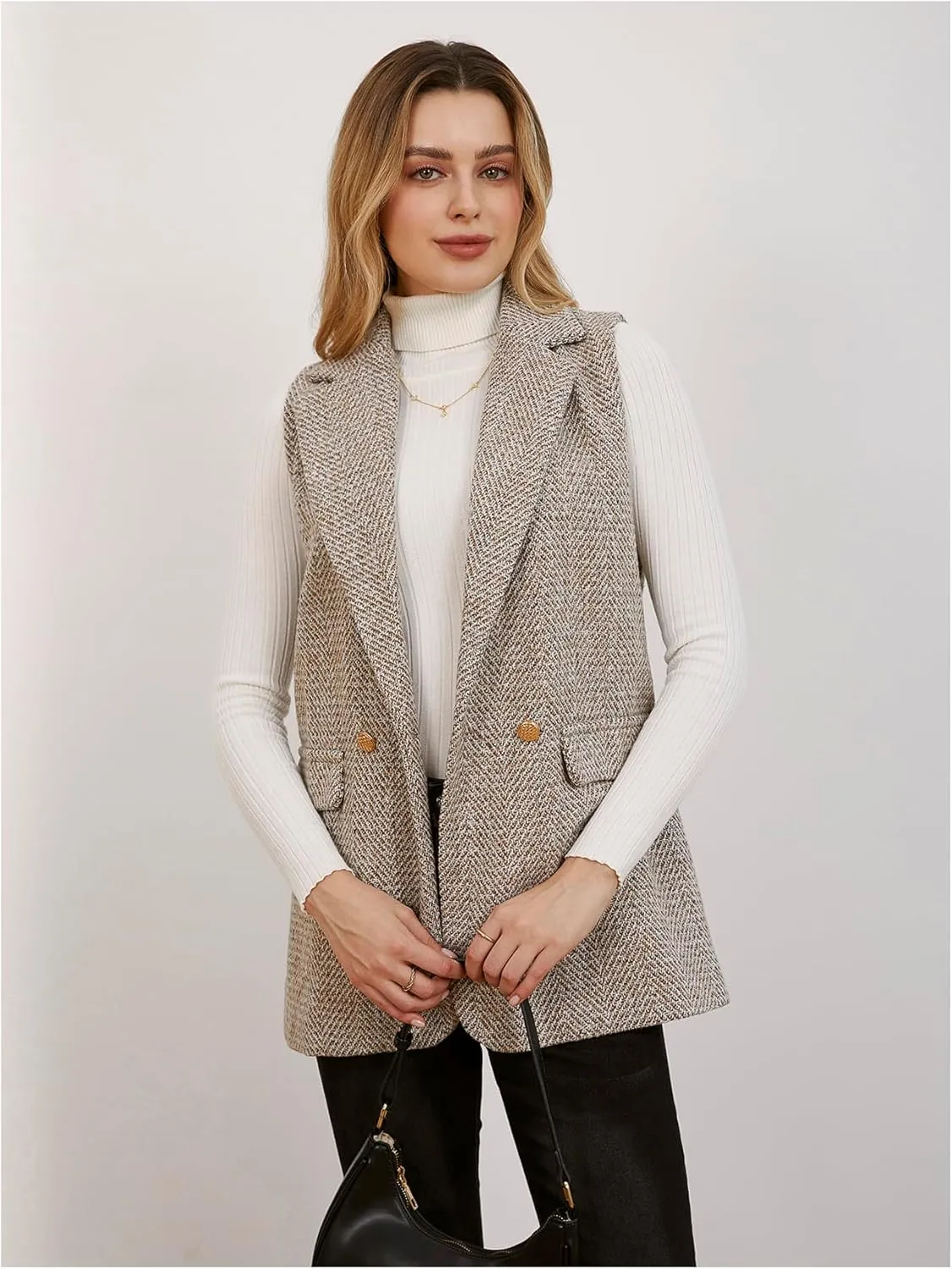 MakeMeChic Women's Tweed Blazer Sleeveless Vest Lapel Collar Jacket Coat
