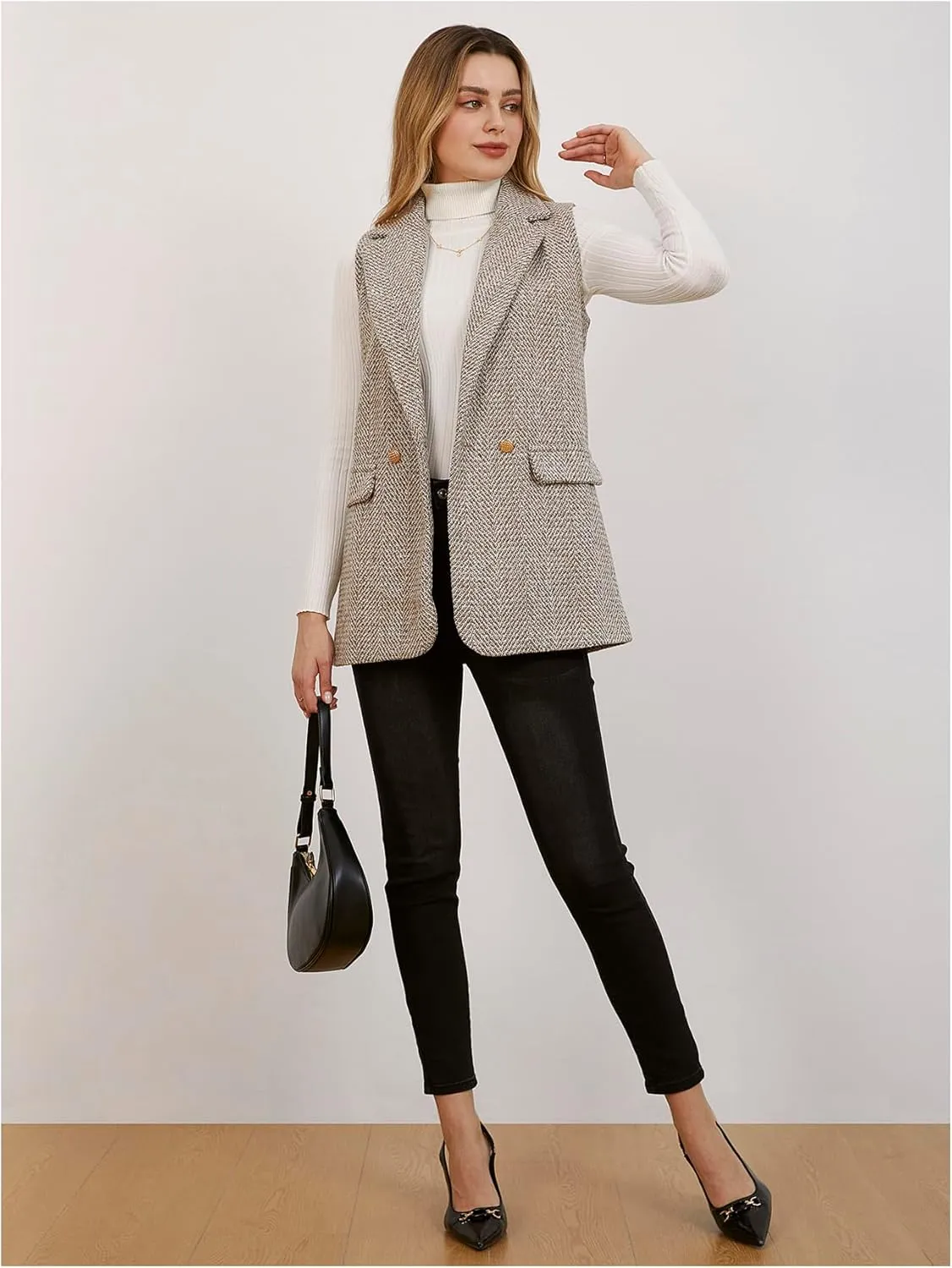 MakeMeChic Women's Tweed Blazer Sleeveless Vest Lapel Collar Jacket Coat