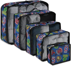 Marvel Comics 5-Piece Packing Cube Set - Spiderman, Ironman, Captain America - 5 Piece Packing Cubes Compression Travel Essential Accessories - Luggage Suitcase Organizer Set - For Kids, Adults