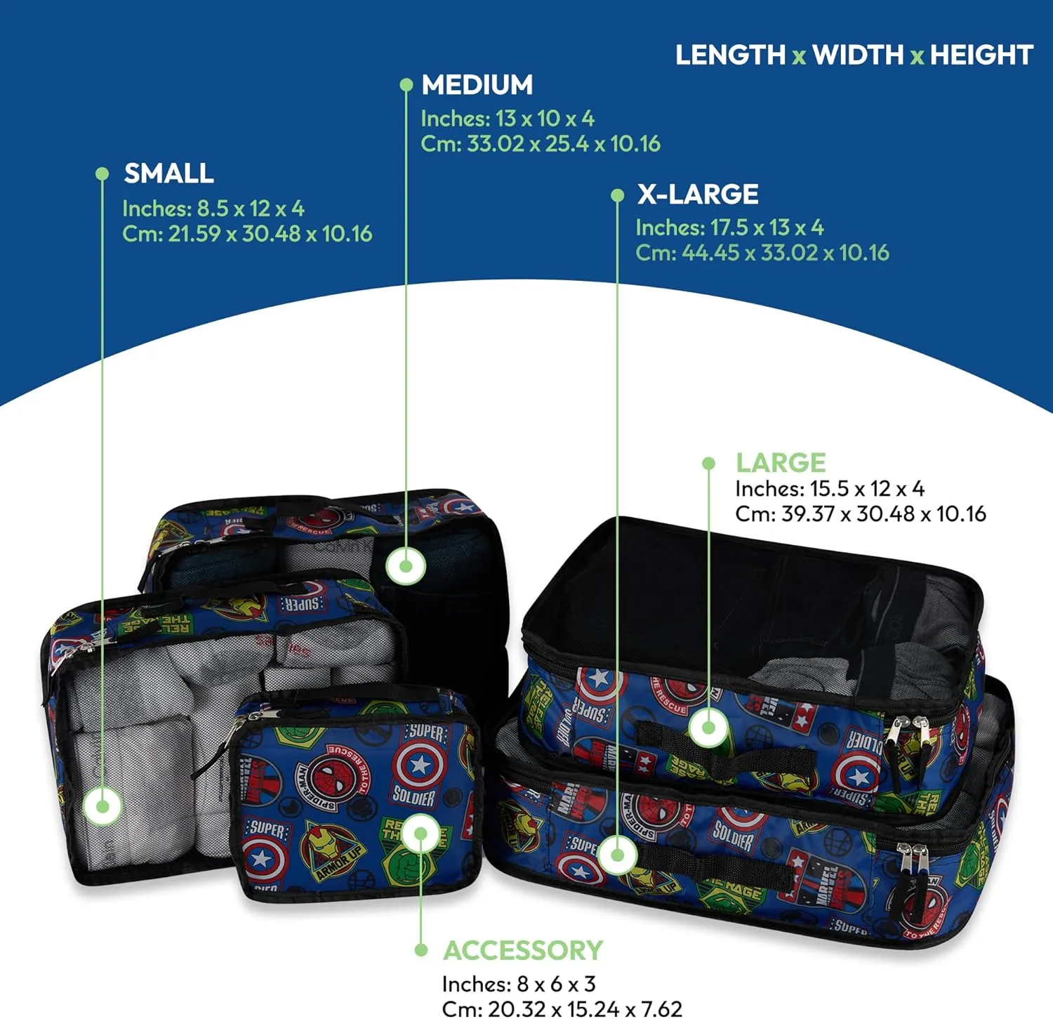Marvel Comics 5-Piece Packing Cube Set - Spiderman, Ironman, Captain America - 5 Piece Packing Cubes Compression Travel Essential Accessories - Luggage Suitcase Organizer Set - For Kids, Adults