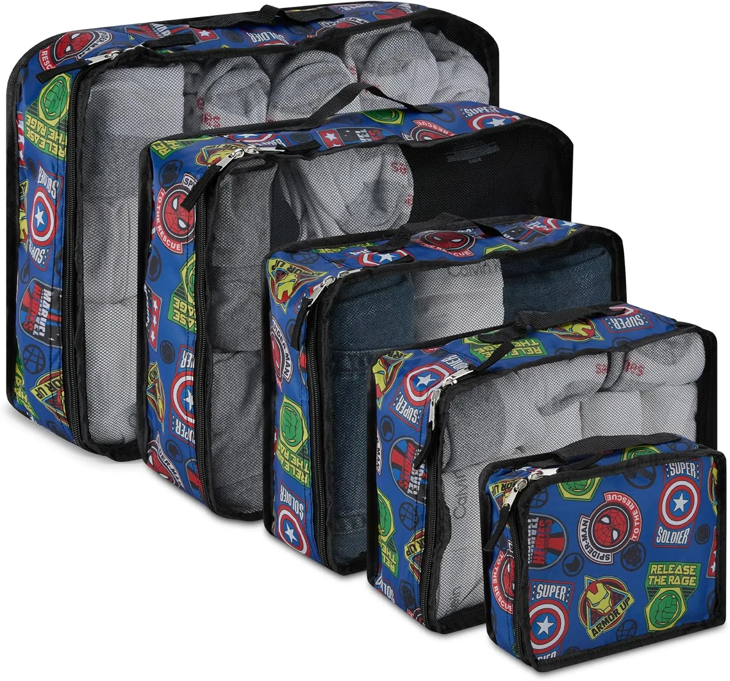 Marvel Comics 5-Piece Packing Cube Set - Spiderman, Ironman, Captain America - 5 Piece Packing Cubes Compression Travel Essential Accessories - Luggage Suitcase Organizer Set - For Kids, Adults