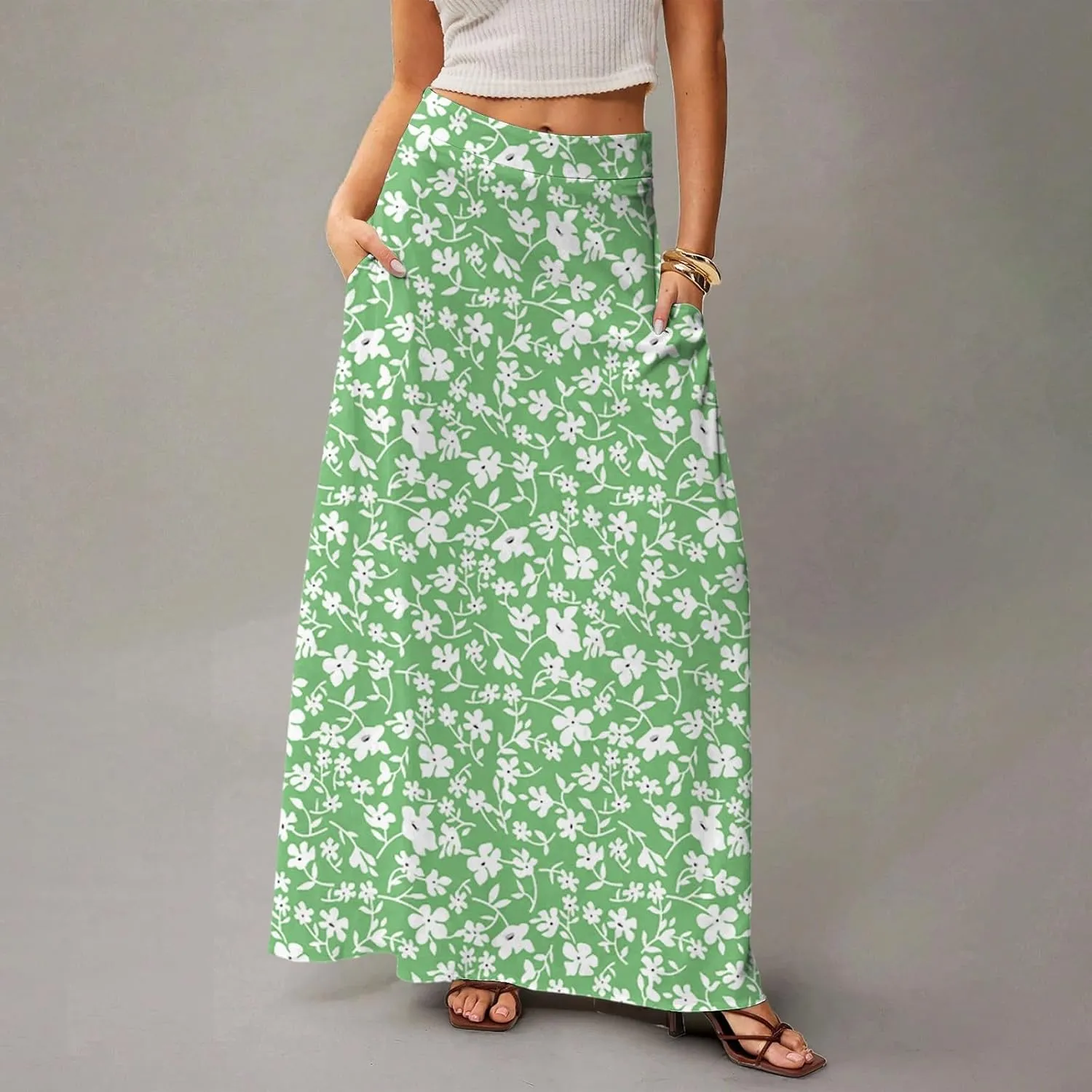 Maxi Skirts for Women 2025 Boho Elastic High Waisted Long Skirt with Pockets Summer Beach Flowy Floral Skirt