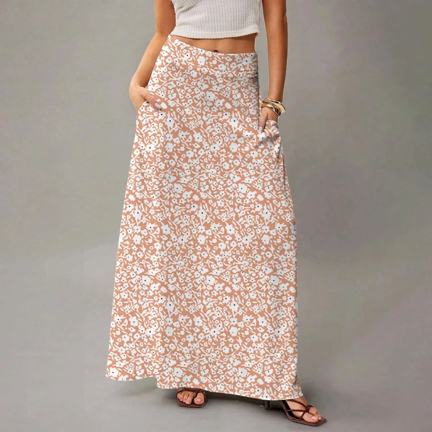 Maxi Skirts for Women 2025 Boho Elastic High Waisted Long Skirt with Pockets Summer Beach Flowy Floral Skirt