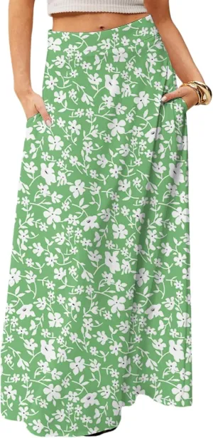 Maxi Skirts for Women 2025 Boho Elastic High Waisted Long Skirt with Pockets Summer Beach Flowy Floral Skirt