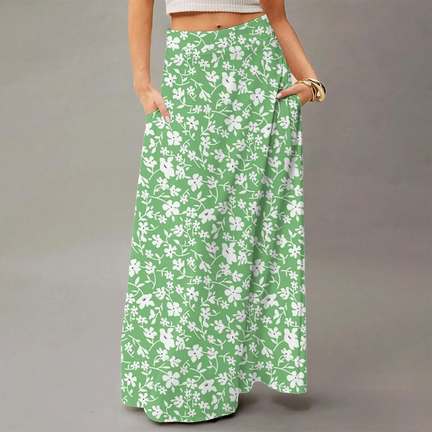 Maxi Skirts for Women 2025 Boho Elastic High Waisted Long Skirt with Pockets Summer Beach Flowy Floral Skirt
