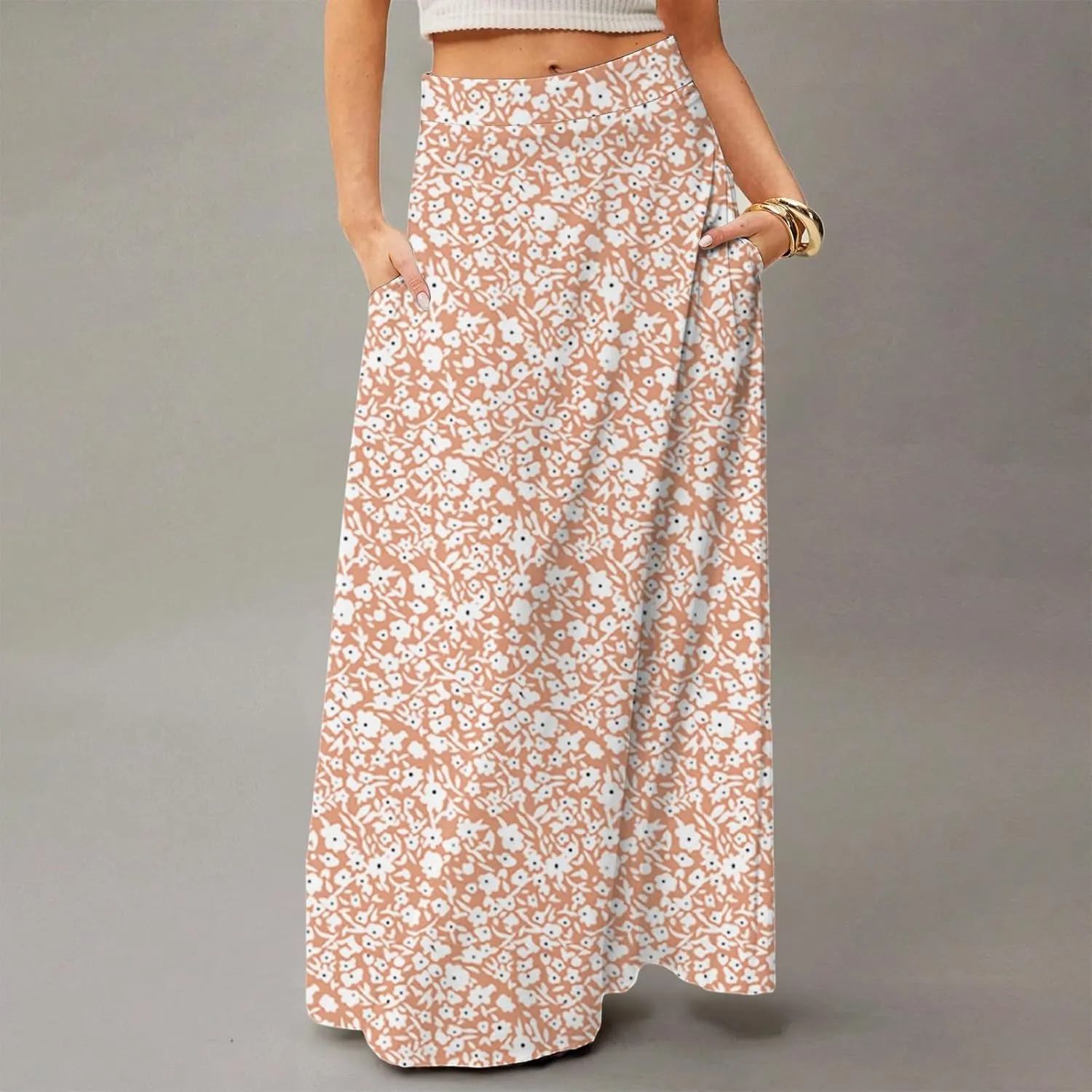 Maxi Skirts for Women 2025 Boho Elastic High Waisted Long Skirt with Pockets Summer Beach Flowy Floral Skirt