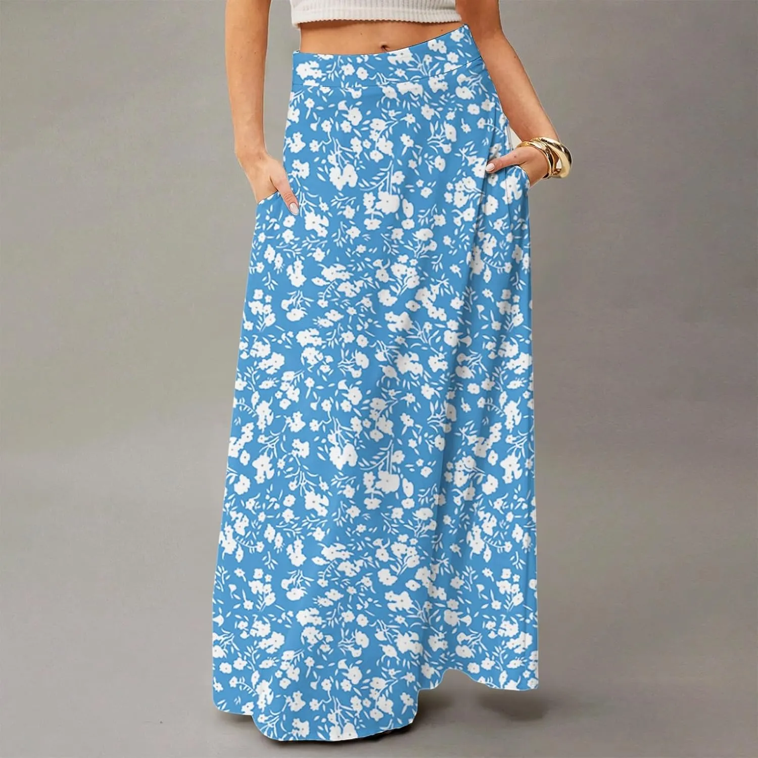 Maxi Skirts for Women 2025 Floral Boho High Waisted Long Skirt with Pockets Flowy Beach Vacation A Line Skirt