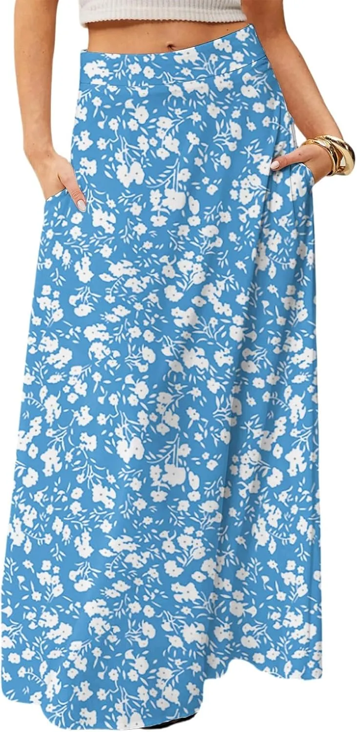 Maxi Skirts for Women 2025 Floral Boho High Waisted Long Skirt with Pockets Flowy Beach Vacation A Line Skirt