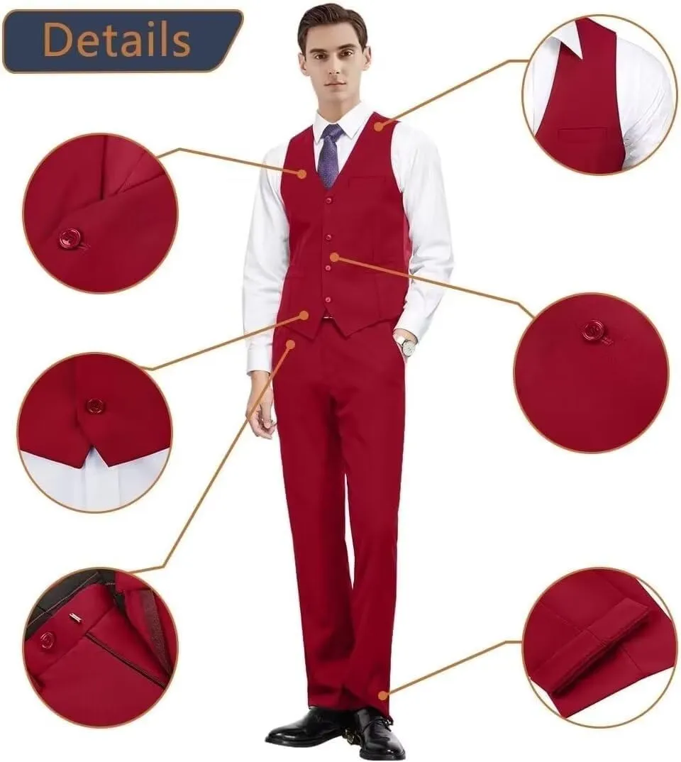 Men 2 Pieces Dress Suit Vest Pant Set Slim Fit Casual Suit Waistcoat
